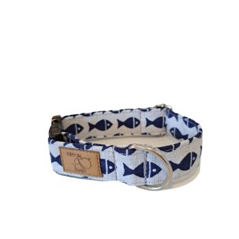   Csatos nyakörv - Halacskás pamutvászon nyakörv "S", FluffyDog