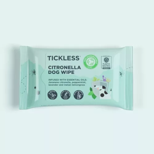 Természetes kullancs, bolha és szúnyogriasztó nedves törlőkendő, TICKLESS